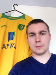 Me with my dad's old Norwich shirt which I will be wearing to Wembley.